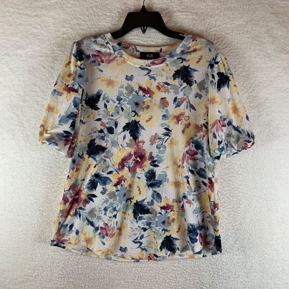 AGB Womens Floral Print Light Bubble Sleeve Top Watercolor Stretch Blouse Size L